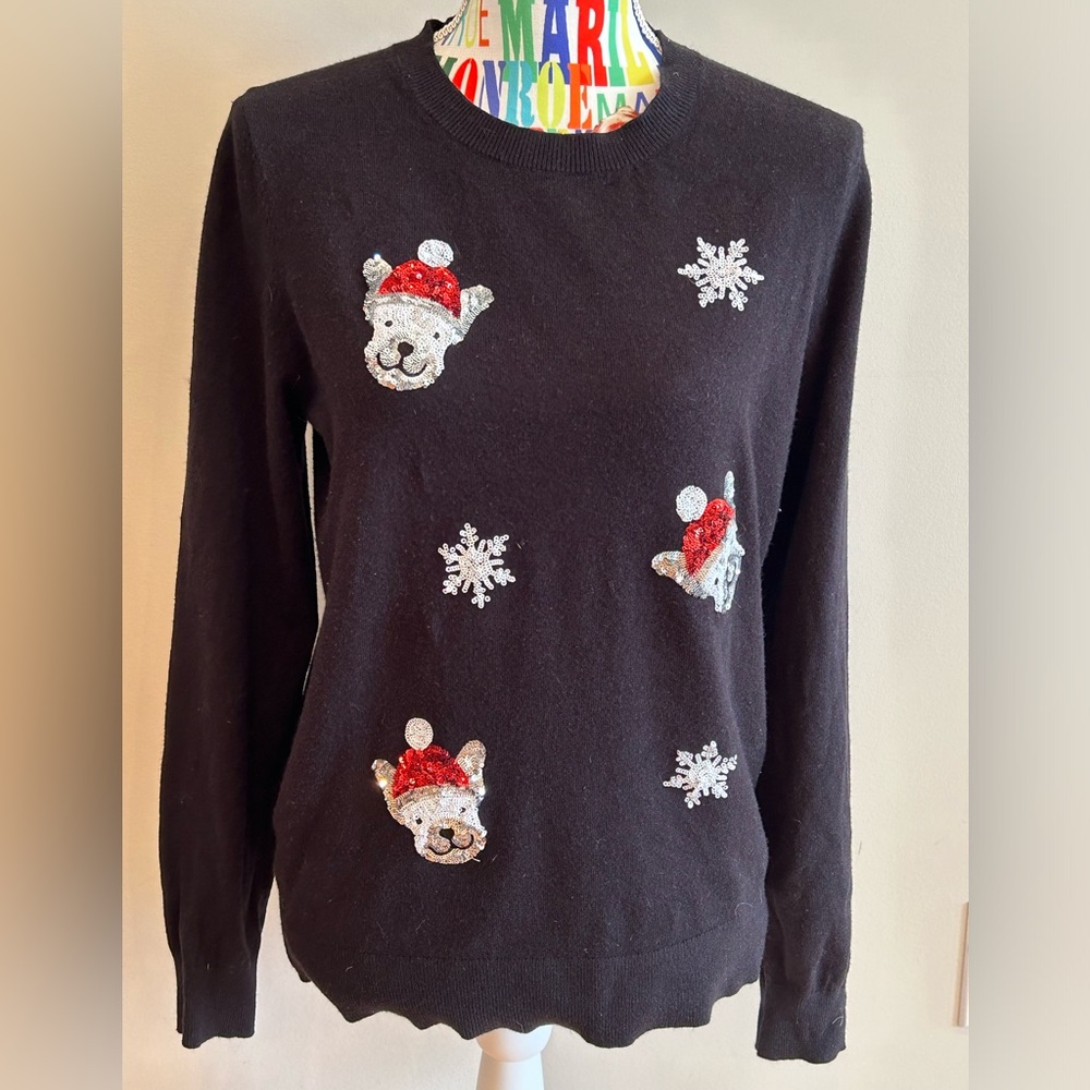 Victoria Harbour Black sweater with white sequined dogs and snowflakes.
